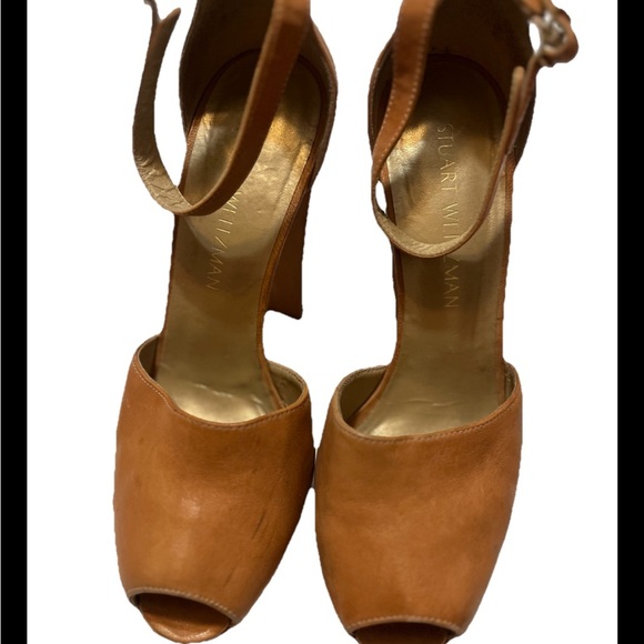 Stuart Weitzman Ankle Strap Platform Shoes Sz 7.5 Brown Leather Block Heels - Picture 8 of 8